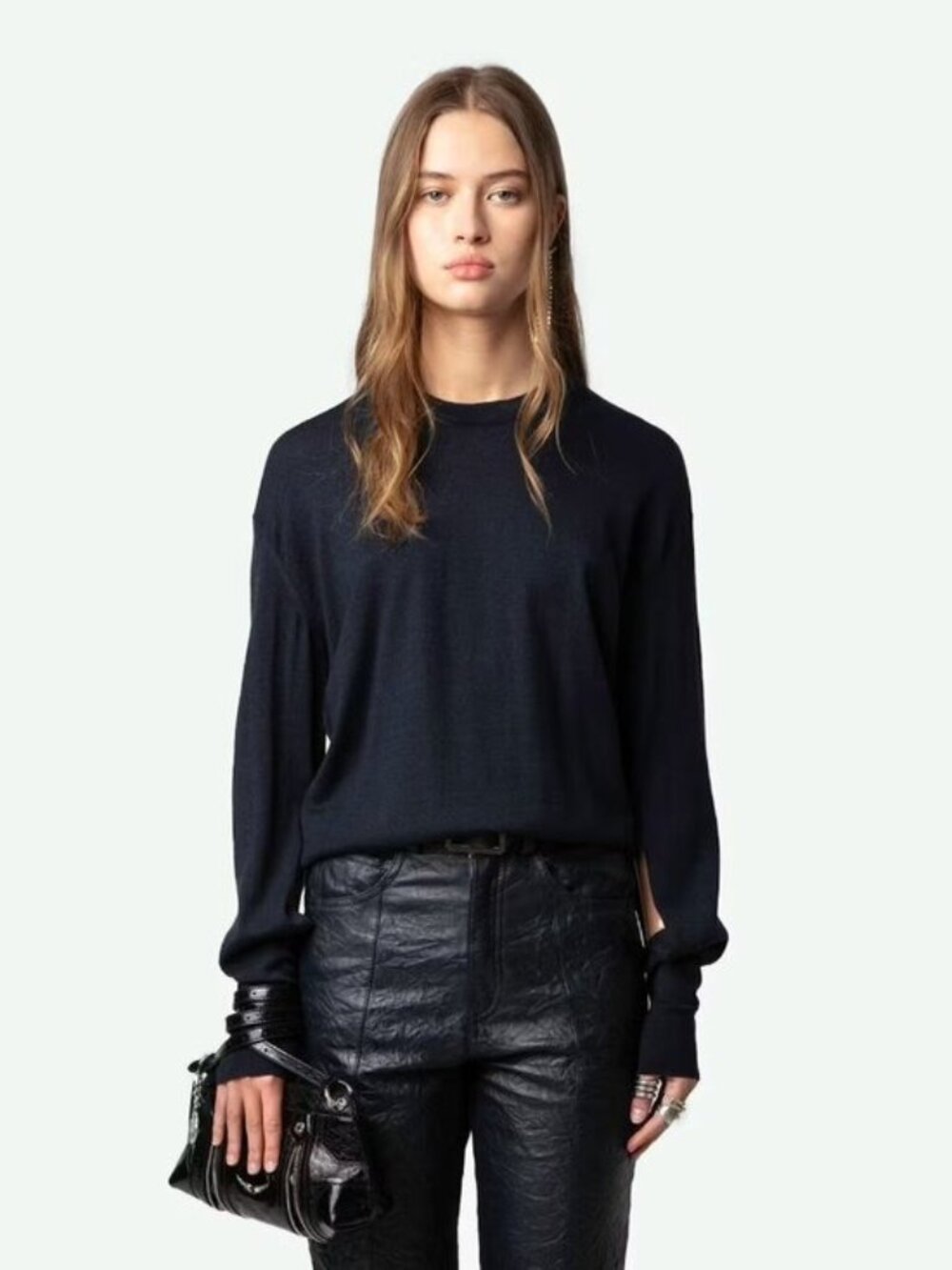 Zadig & Voltaire Emmy Merino Wool Sweater Slit Embroidered Wings Merino Wool